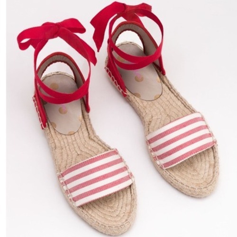 Boden Red White Striped Ribbon Tie Espadrille Sandals Spain Sz 39 Womens 8.5